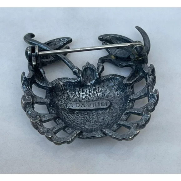 Da Vinci Black Silvertone Cut Textured Crab Pin Brooch 1.5"x1.5" - Picture 2 of 5